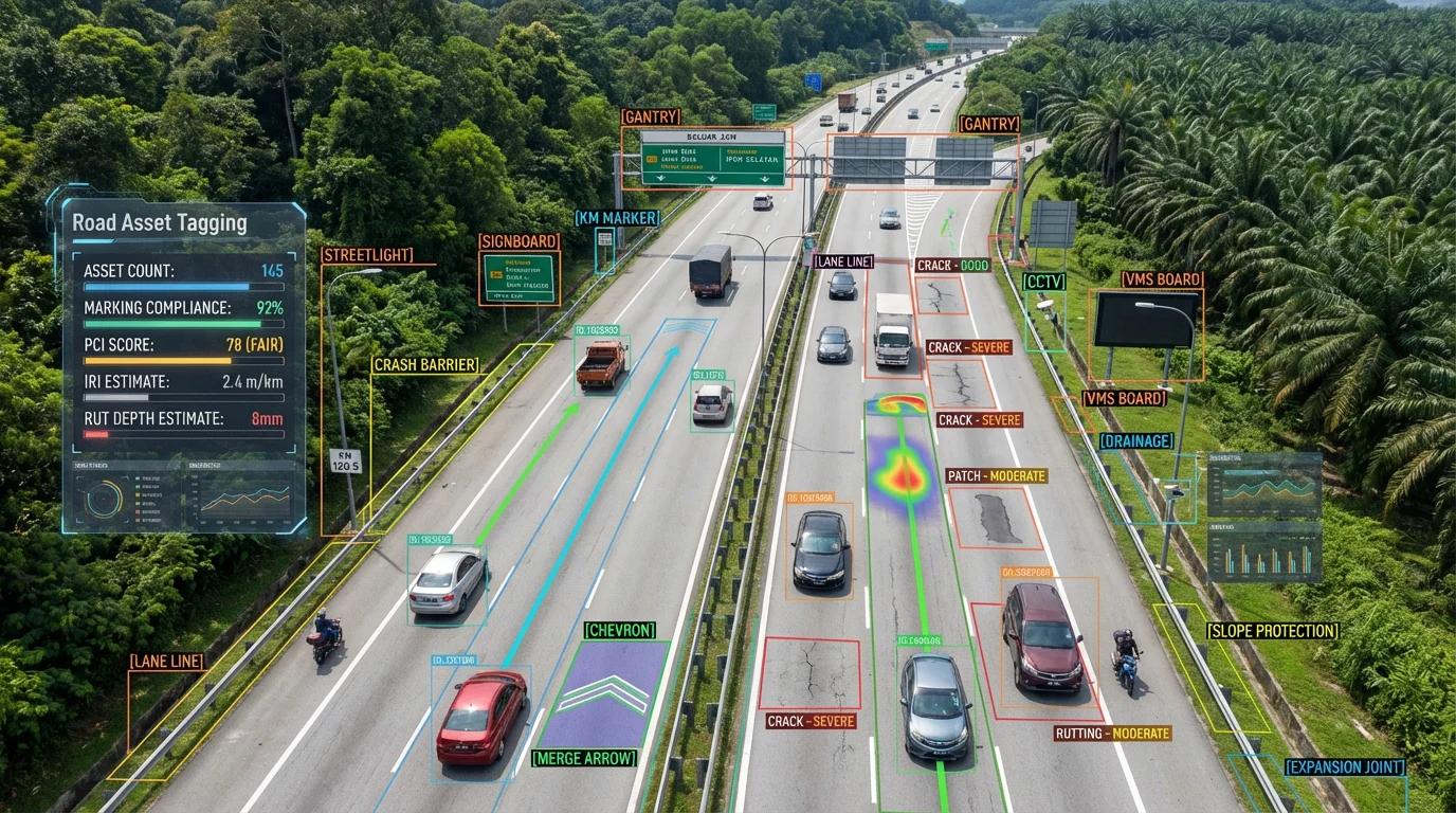 Road Asset Detection Interface showing highway infrastructure analysis with AI-powered asset tagging